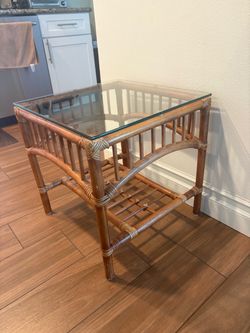 Vintage Rattan End Table with Glass Top