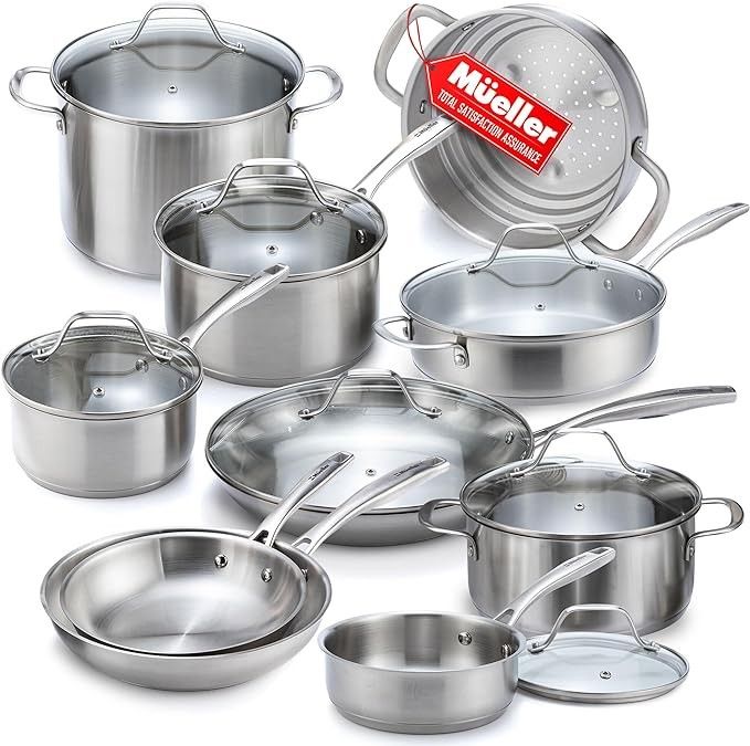 Mueller Pots and Pans Set 17-Piece, Ultra-Clad Pro Stainless Steel Cookware Set, Ergonomic EverCool Handle, Includes Saucepans, Skillets, Dutch Oven