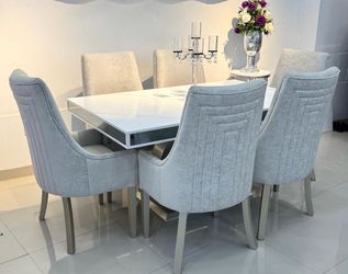 White Dining Table with 6 Upholstered Chairs