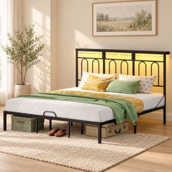 King Size Bed Frame with 49.2" High LED Storage Headboard Shelf, Metal Platform Bed with Charging Station, Black