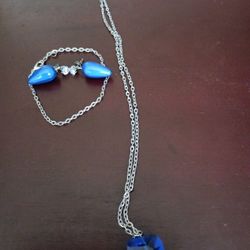 Silver Chain Necklace Set With Blue Diamond And Blue Pearl Earrings 