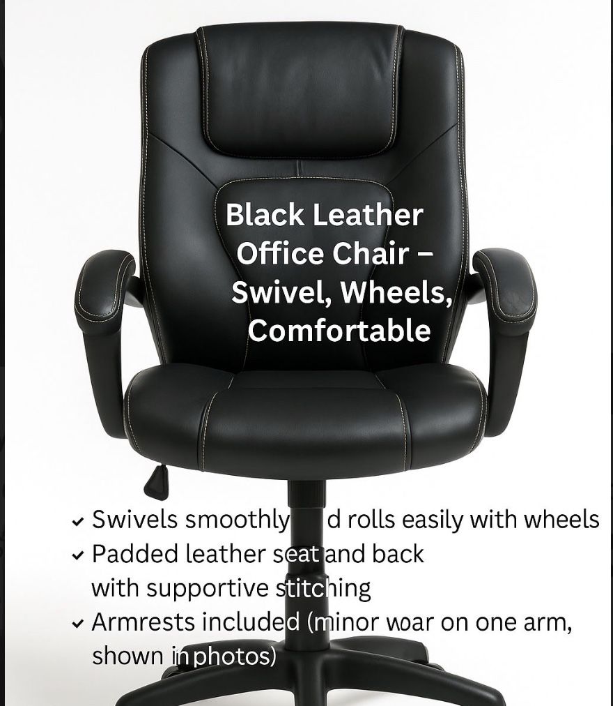 Black Leather Office Chair – Swivel, Wheels, Comfortable