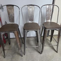 (3) 30" Clear Coated Etched Bar Stools with Back & Wood Seats GREAT SHAPE. We bought and never used. $75