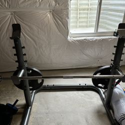 Bench/Squat Rack With Barbell And Weights