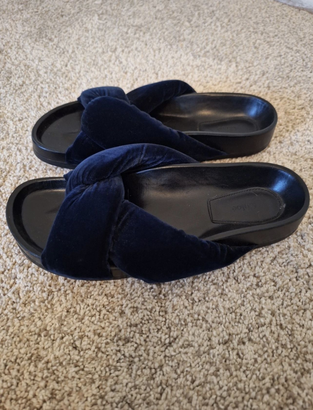 Chloe Nolan Crisscross Twisted Velvet Slides Flat Mule Sandals Blue Lagoon 37
