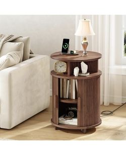 Round Fluted End Tables, Round End Table with Charging Station, Fluted Sofa Side Table with Sliding Tambour Door and Storage, Mid-Century Nightstand f