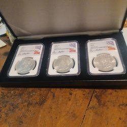 3 Morgan Silver Dollar Ms63 Coins Set A 1883 And 1886 Also A 1887 With A Authentic Signature Of David Ryder On Each Coin  In The Set Of 3 Coin Set 