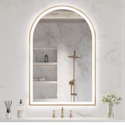 OUMUSU Arched LED Bathroom Mirror 20"x30", Brass Gold Bathroom Mirror with Lights-Anti-Fog, Dimmable-LED Mirror for Bathroom,3 Colors