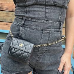 Authentic CHANEL Black Caviar Compact Wallet on Adjustable Chain