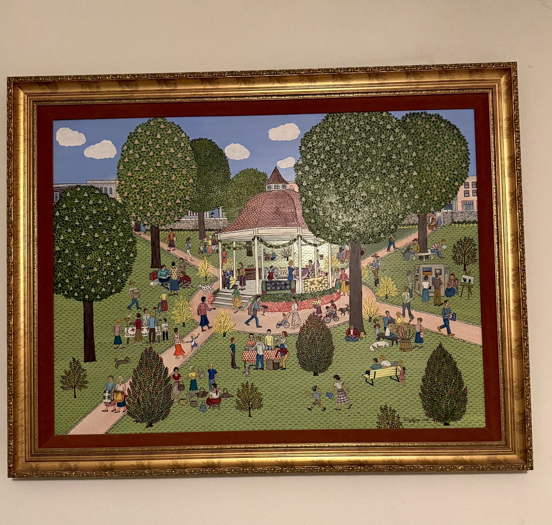 Vintage Folk Art Park Scene – Large Framed Print by Polly Kemp (1987)