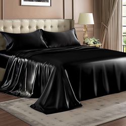 Satin Sheets Queen Size Bed Set,Luxury Soft Black Silky Sheets for Hair and Skin,Set 4 Pieces