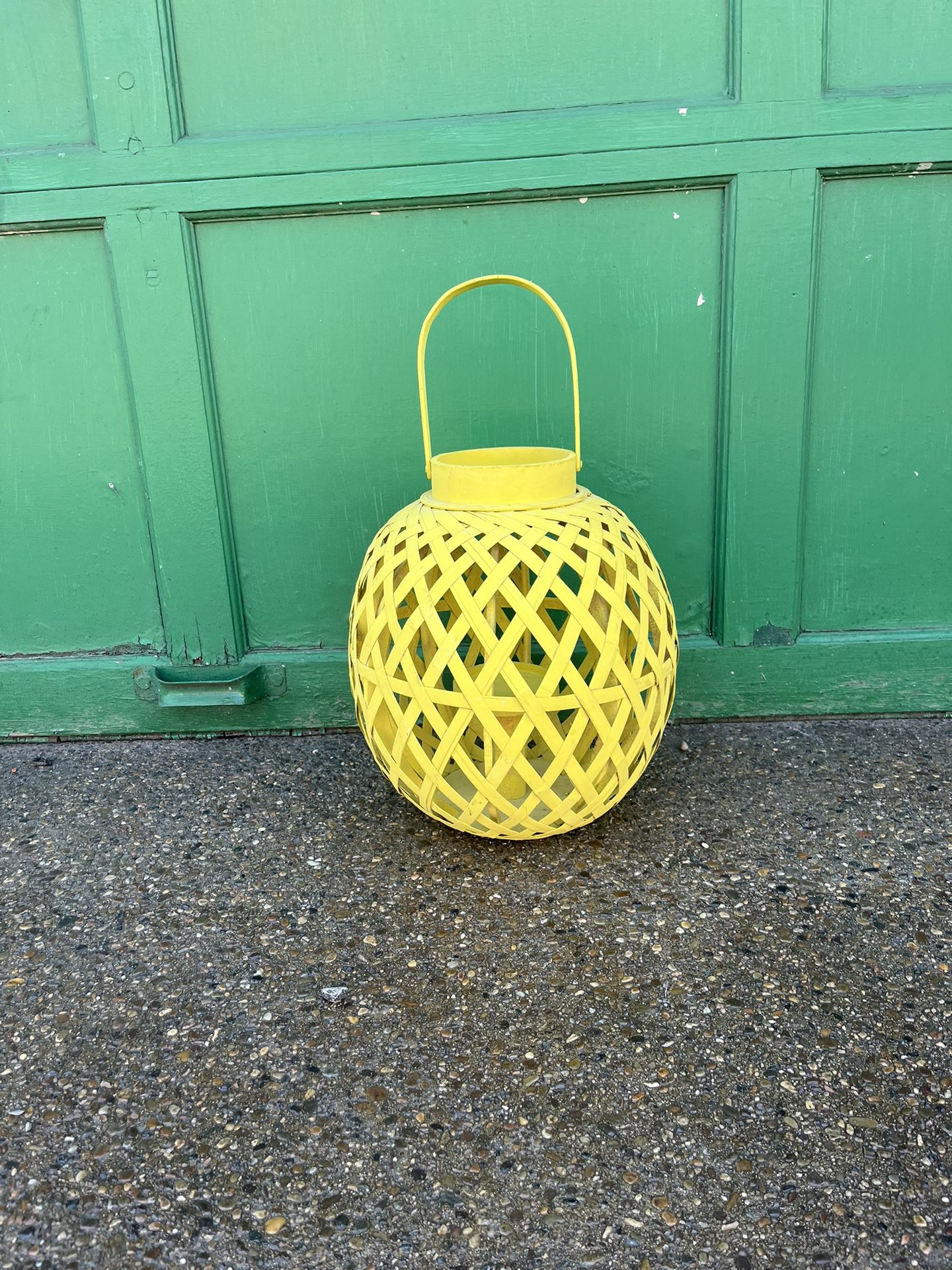 Great Bright Yellow Wooden Woven Lantern Candle Holder Vintage