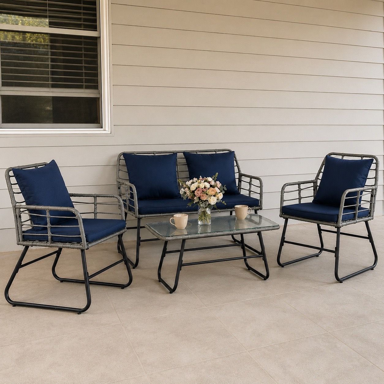 4 Piece Patio Furniture Set – Blue Cushions – New in Box