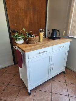 Wood Top Kitchen Coffee Cart with Locking Trolley Rollers.
