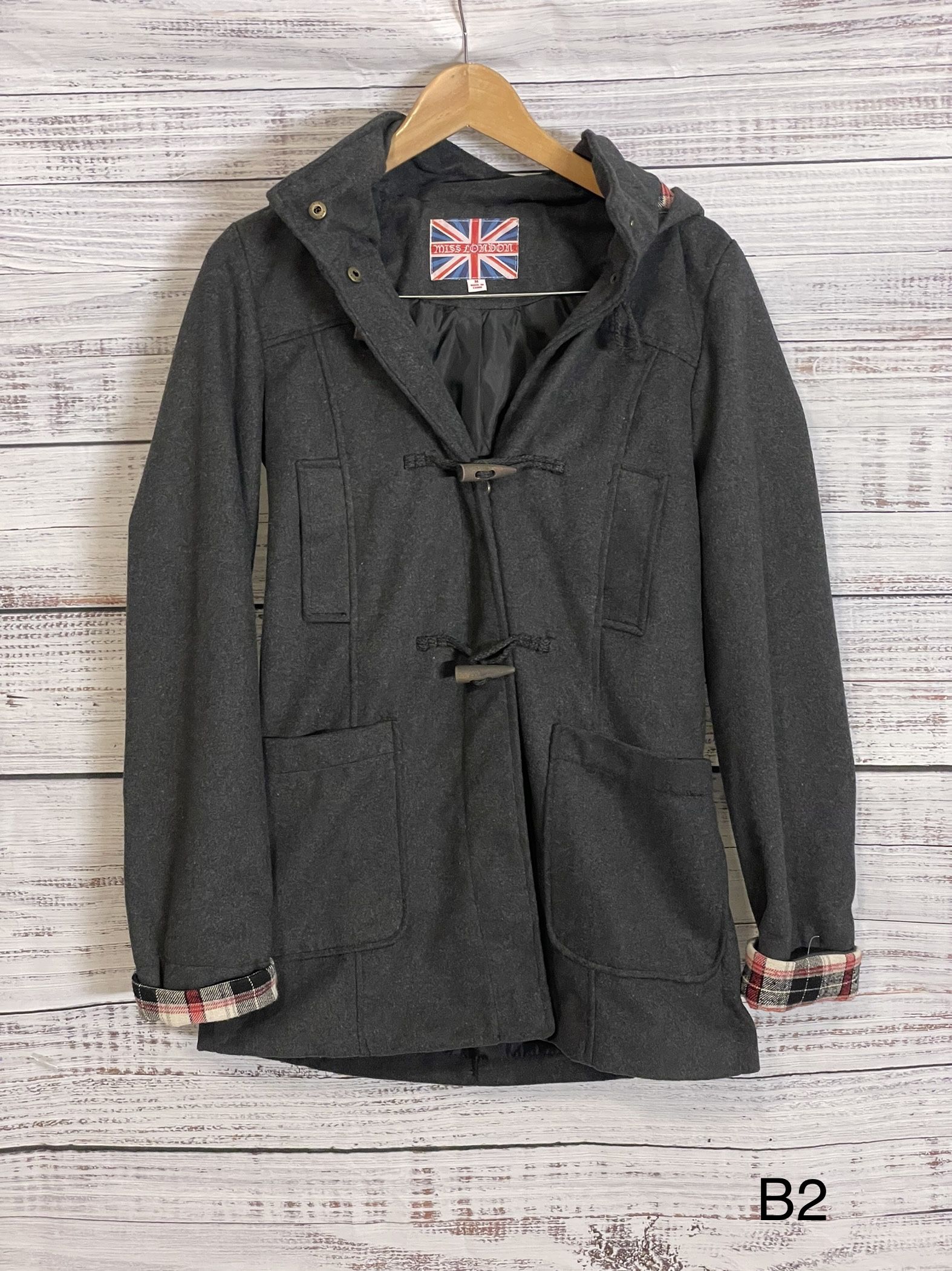 Women’s MISS LONDON Wool Button Mid Length Coat Jacket Hoodie Grey