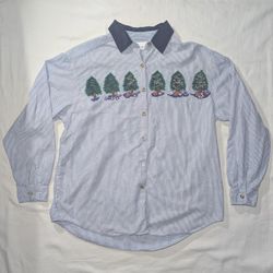 Vtg 90s Sz L Embroidered Christmas Trees  Button Down Long Sleeve Casey & Max