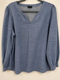 Talbots Petite Blue Textured Swiss Dot Blouse | Lightweight Long Sleeve Top