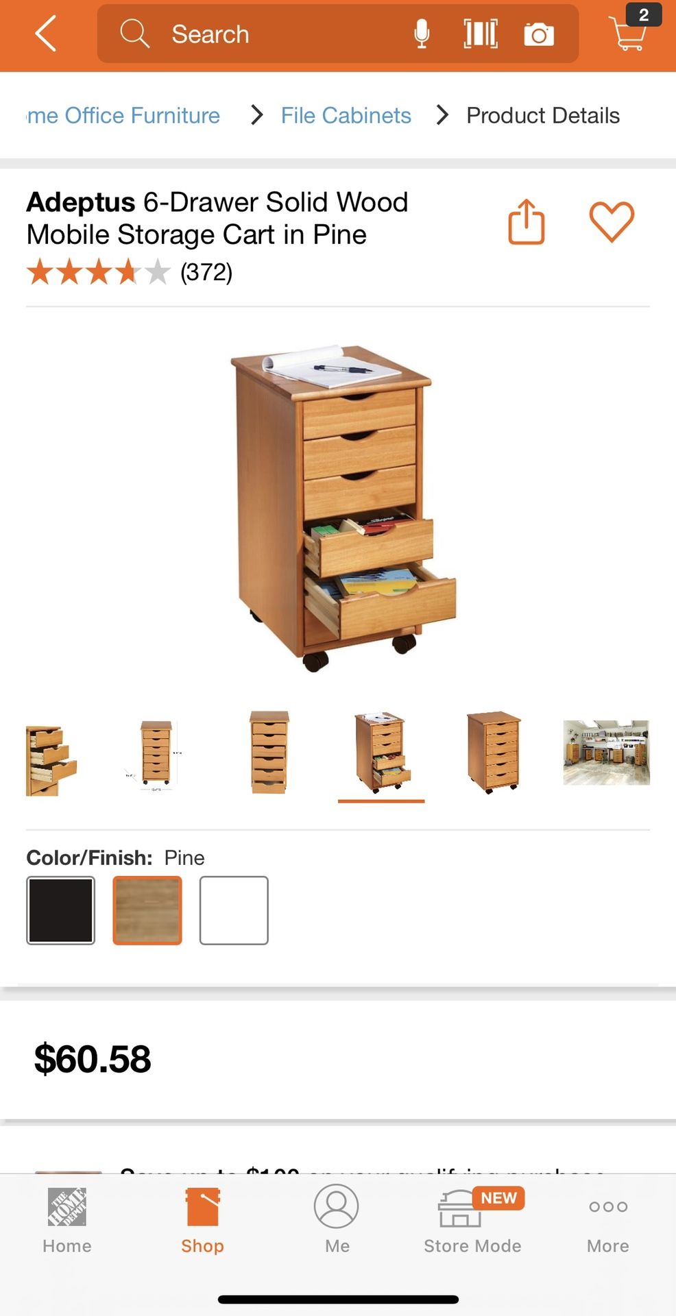 Adeptus 6-Drawer Solid Wood Mobile Storage Cart in Pine
