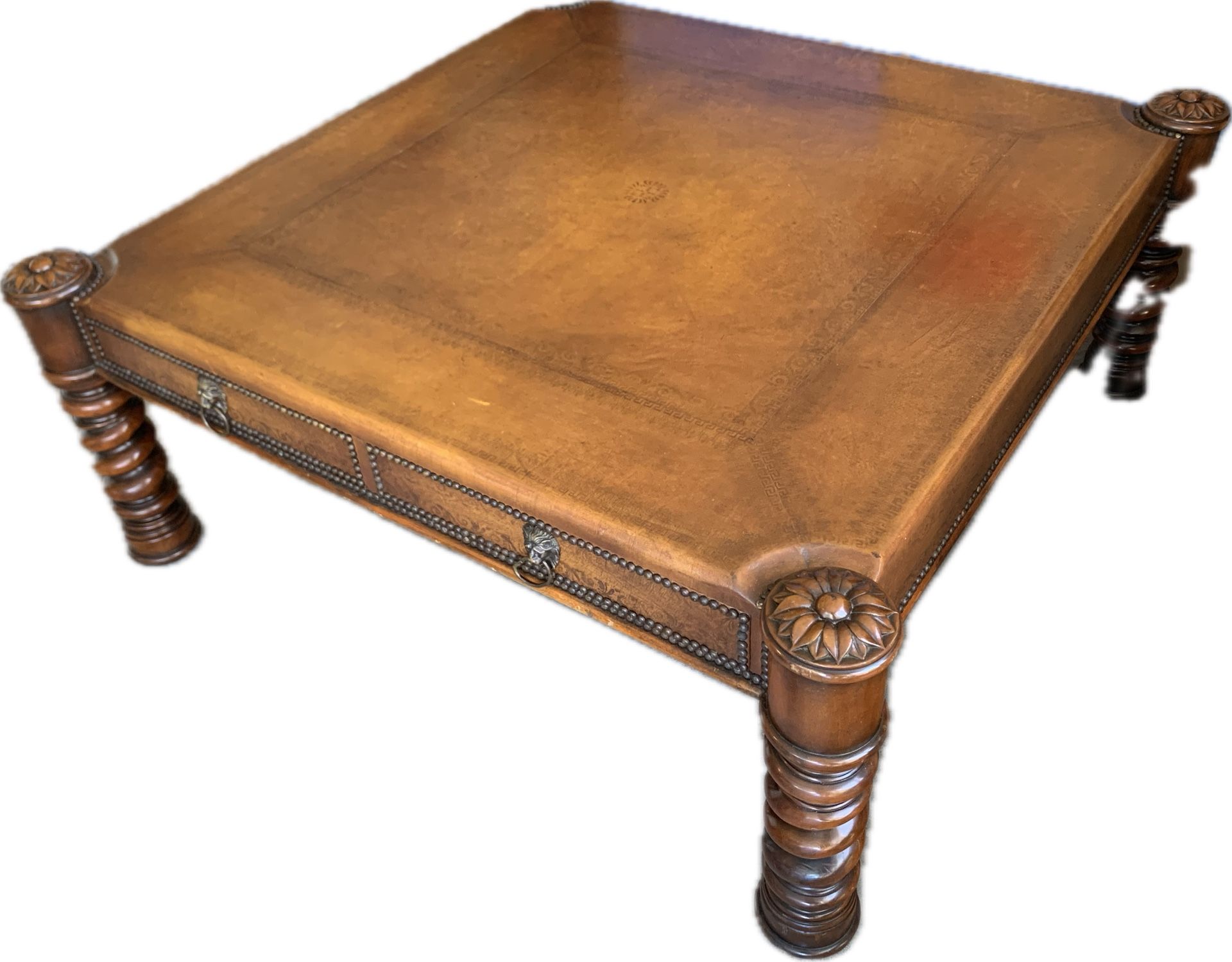 REDUCED - Early 1900’s Antique Coffee Table - Brown, Embossed Leather Top
