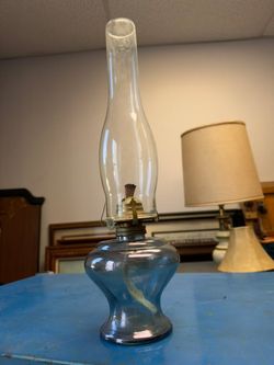 Vintage-Style Blue Glass Oil Lamp w/ Chimney