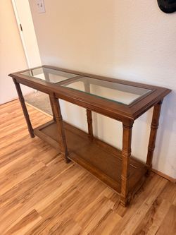 Vintage 1970s Walnut Glass Top Console Table – 51”