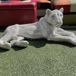 Silver Polystone Floor Laying Leopard Sculpture with Carved Faceted Diamond Exterior