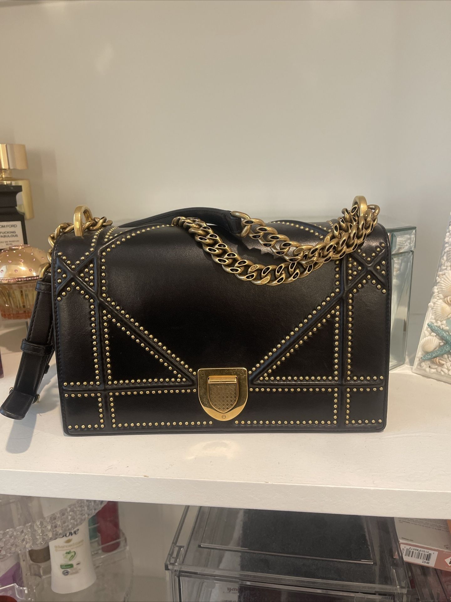 Leather Dior Diorama Studded Flap Bag Medium