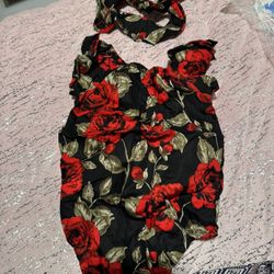 Baby's Elegant Rose Flower Pattern Triangle Bodysuit & Hairband, Casual Cap Sleeve Romper, Toddler & Infant Girl's Onesie For Summer, As Gift