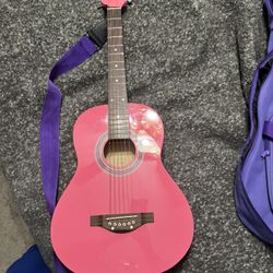 Pink Petal Power Short Scale Acoustic Guitar, With A Purple Soft Backpack Case . Beginners Guitar Vintage 