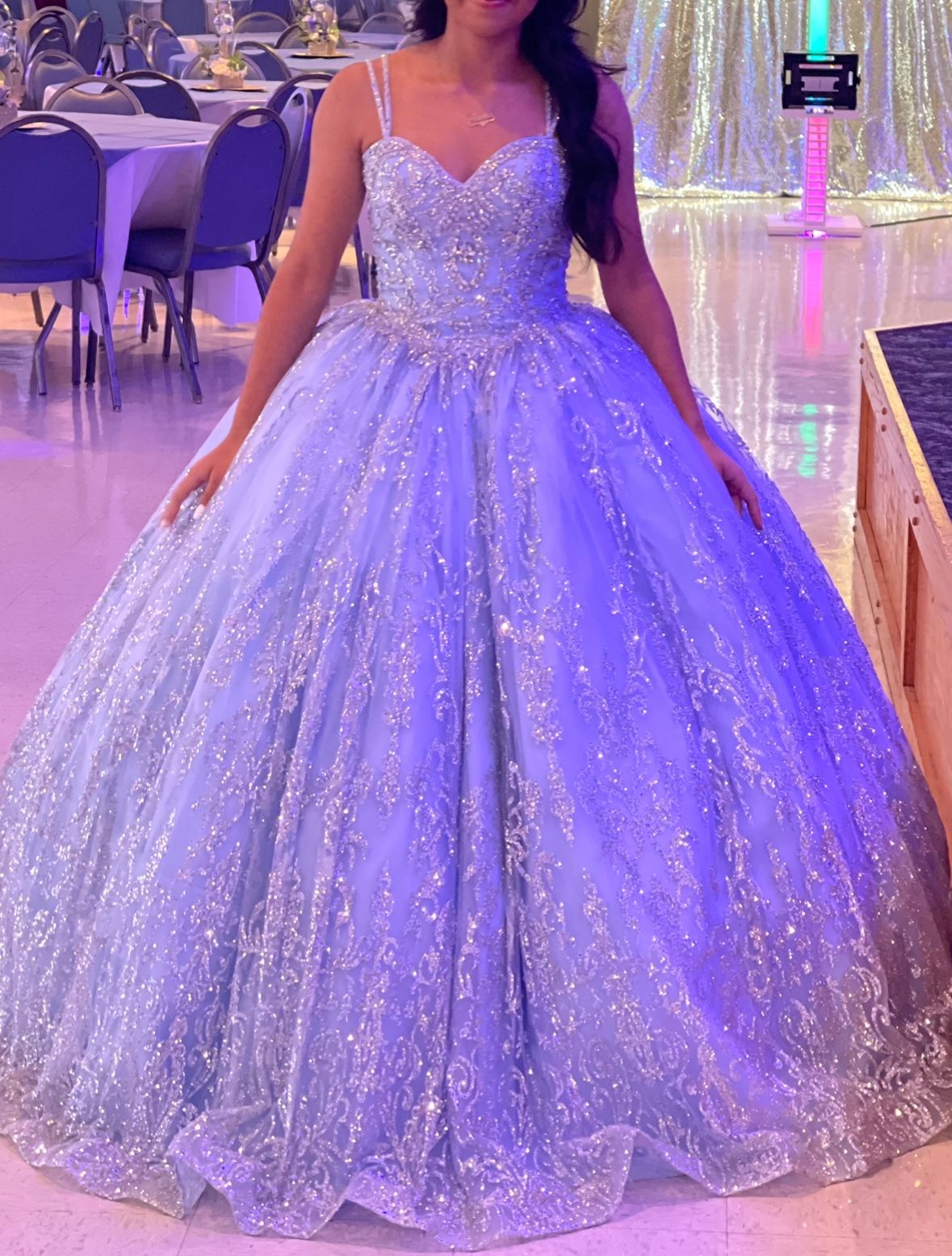 Blue and silver quinceañera dress