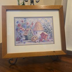 Framed Floral Birdhouse Print – Barbara Mock Art – 11x9
