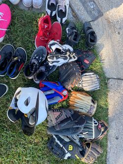 Mixed Lot of Used Shoes and Baseball Gloves
