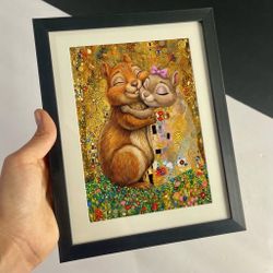 Cute Klimt-Inspired Chipmunk Couple Framed Print – Romantic Hug Art