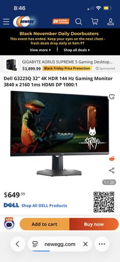 Dell G3223Q 32" 4K HDR 144 Hz Gaming Monitor 3840 x 2160 1ms HDMI DP 1000:1