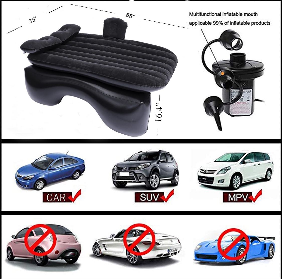 Car Bed, Camping Mattress for Car Sleeping Bed, Travel Inflatable Mattress Air Bed for Car Universal SUV Extended with Two Air Pillows, Black