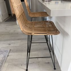 Rattan Bar Stools – Set of 2, Black Metal Frame, 25.75” Seat Height