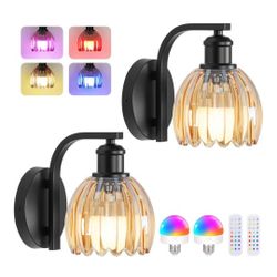 Rechargeable Battery Operated Wall Sconce Set of Two with Amber Glass Lampshade