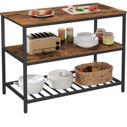 VASAGLE Kitchen Island with 3 Shelves, 47.2 Inches Kitchen Shelf with Large Worktop, Stable Steel St