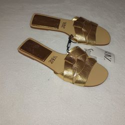 Zara Woman's Leather Gold Sandals 