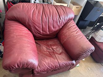 2 Comfy Red Leather Chairs and Ottoman
