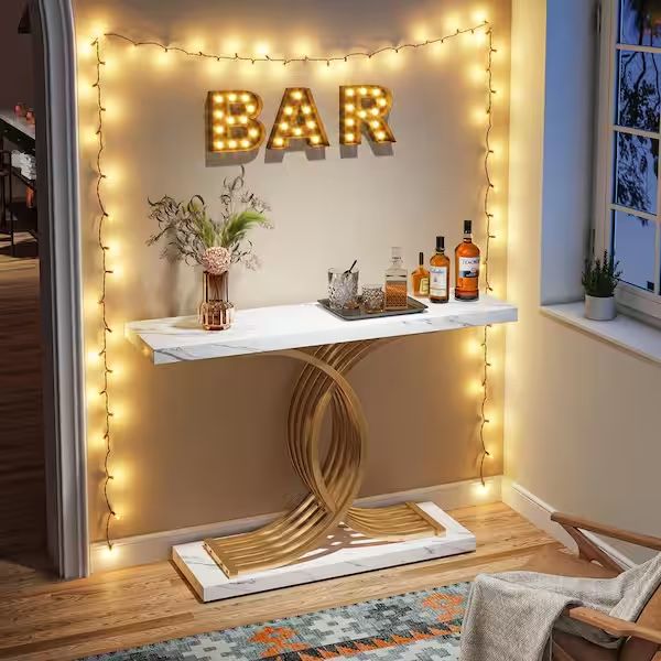 Catalin 40 in. White Rectangle Wood Console Table, Modern Sofa Table with Geometric Frame