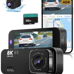 8K HD Dash Cam Front and Rear, Dash Cam with 32GB Card, Built-in Wi-Fi & GPS, 3.16”IPS Screen, 170°Wide Angle, WDR, Night Vision, 24H Parking Mode