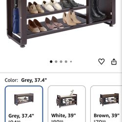 New YUKOOL Bamboo Shoe Storage Bench, 3-Tier Shoe Rack with Padded Seat Cushion, Shoe Organizer Shelves for Entryway, Living Room, Grey 37.4”