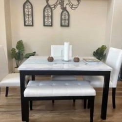 ✅️✅️ 5 pc dark finish wood faux marble top  rectangular dining table set with bench ✅️✅️
