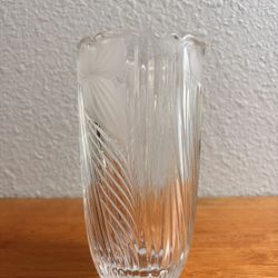 Vintage Anna Hütte Germany Lead Crystal Vase - 8" Frosted Iris Scalloped Oval Bleikristall Flower Vase