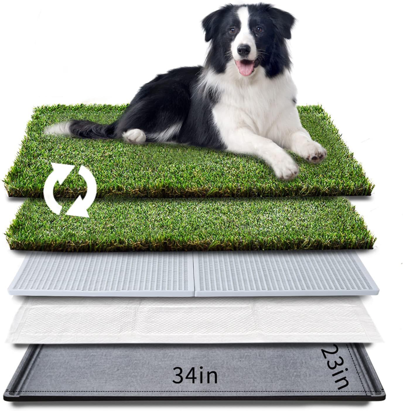 HQ4us Large Dog Grass Pee Pad with Tray, Dog Litter Box Toilet 34"×23", 2×Artificial Grass for Dogs with Anti-Bite Edge, Pee pad, Realisti, Less Stink
