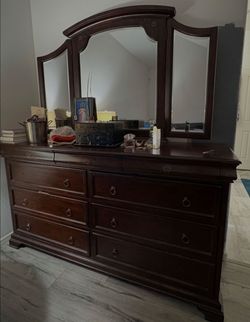 Large Wood Dresser with Folding Mirror