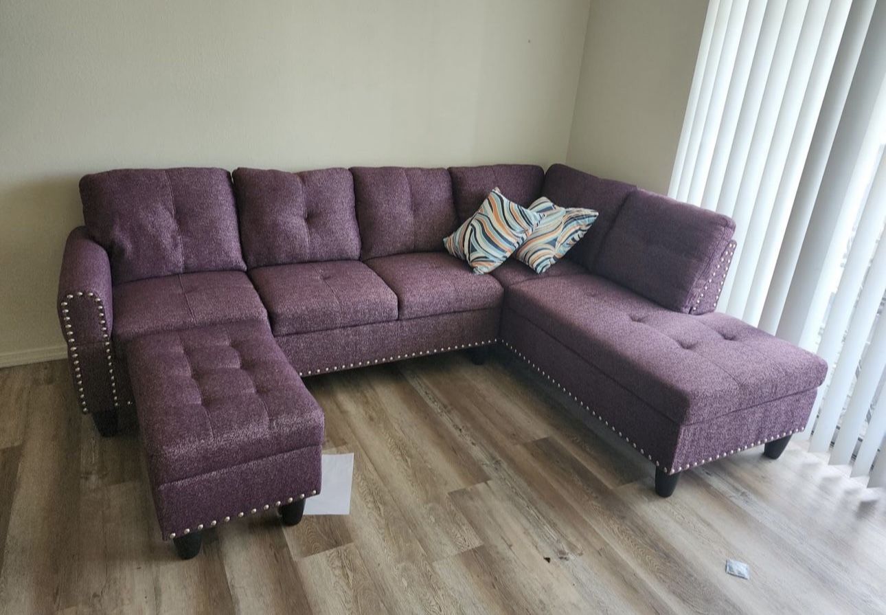 Purple Linen Sectional Couch And Ottoman