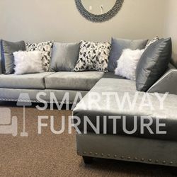 Grey Sectional Velvet W Pillows New Box 