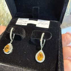 14K White gold Natural Citrine And Diamonds ABSOLUTELY GORGEOUS earrings SPARKLING!!!